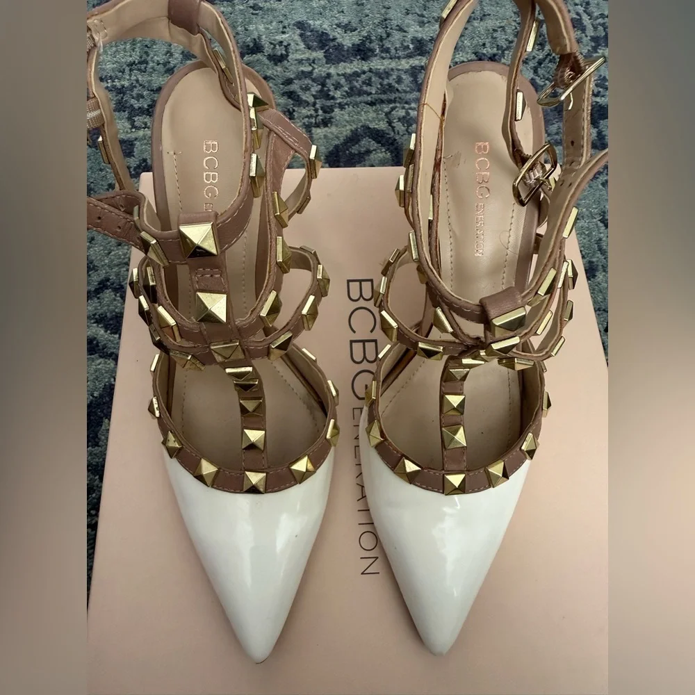 BCBGeneration Women's White and Tan Studded Heels - Picture 2 of 8